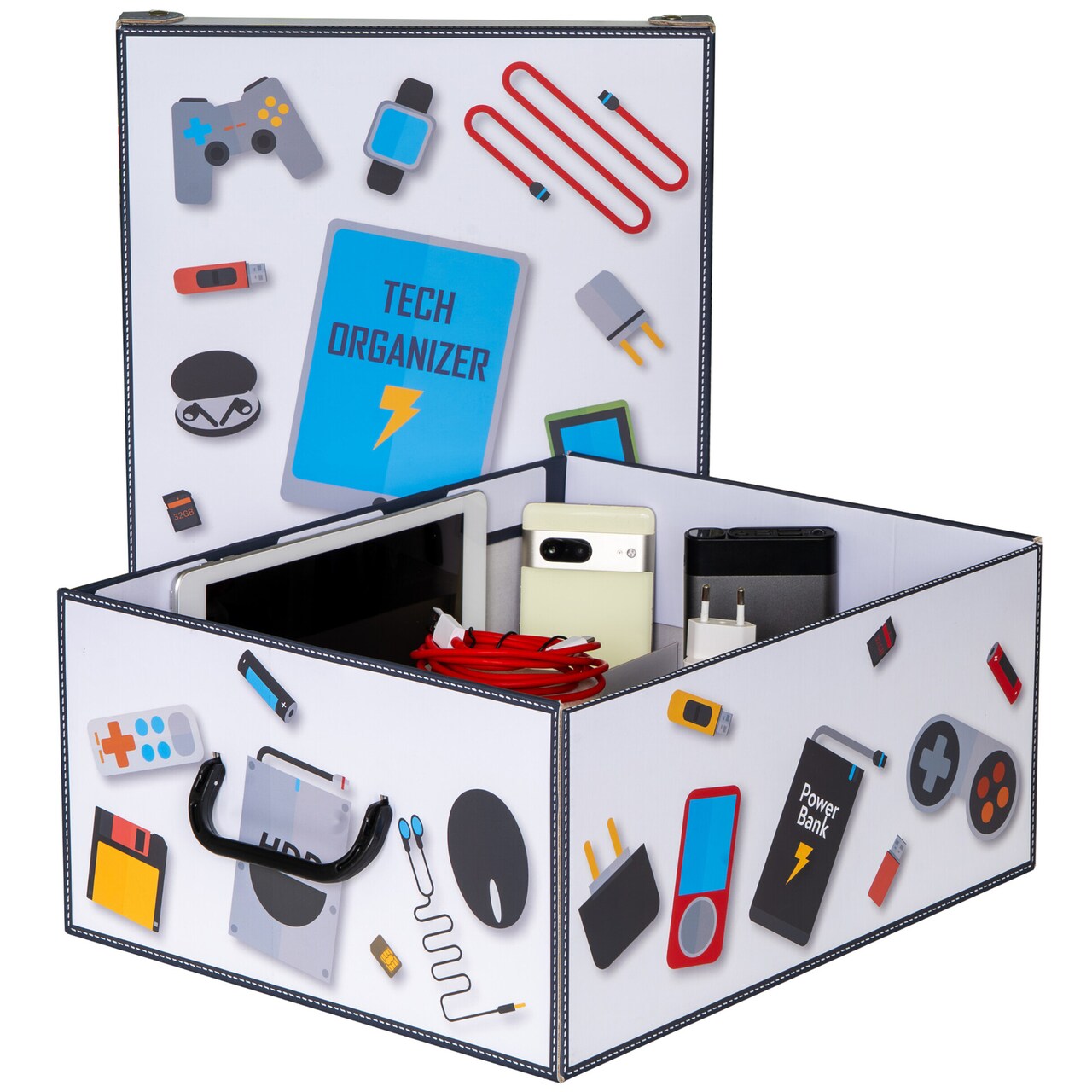 Lavatelli: Tech Organizer Box - Lid & Side Handles, Decorative Cardboard Storage, Electronics-Gaming-Gadget Accessories, Dividers, 16.5 x 12.6 x 6.9"